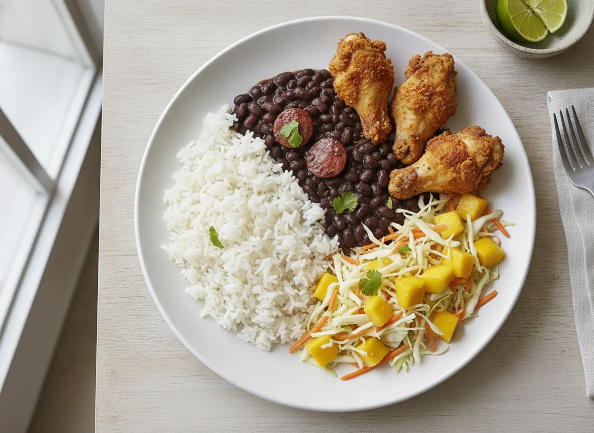 Arroz, feijão, frango frito e salada de repolho com manga photo