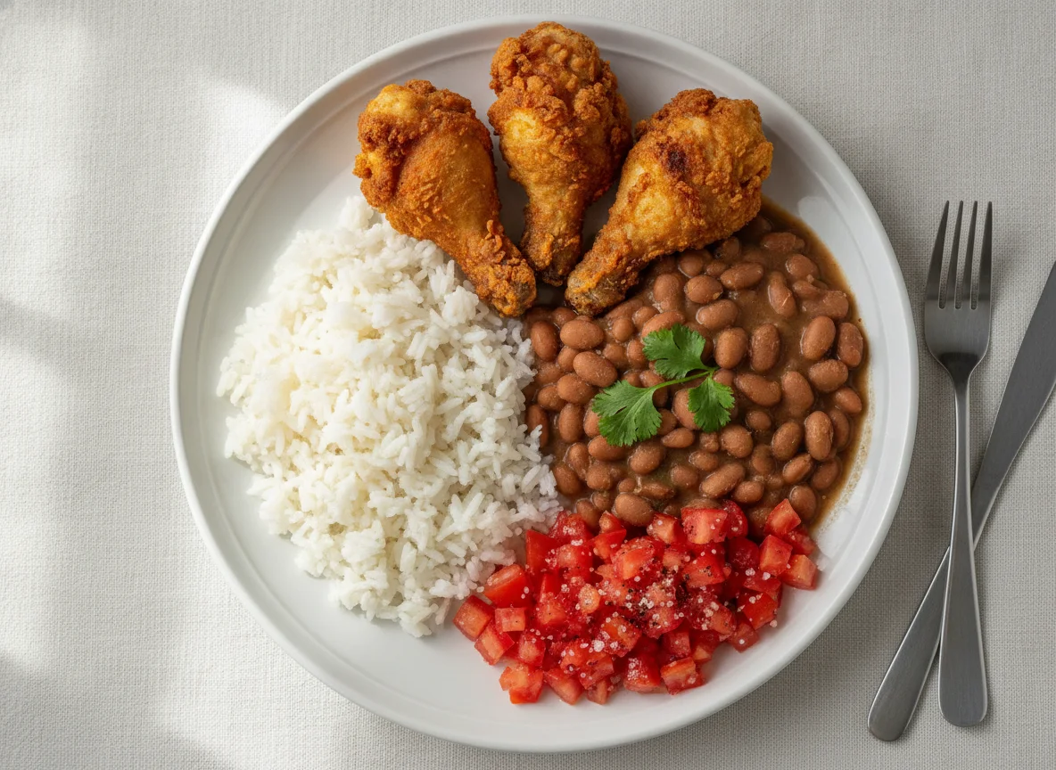 Arroz, feijão, frango frito e tomate photo