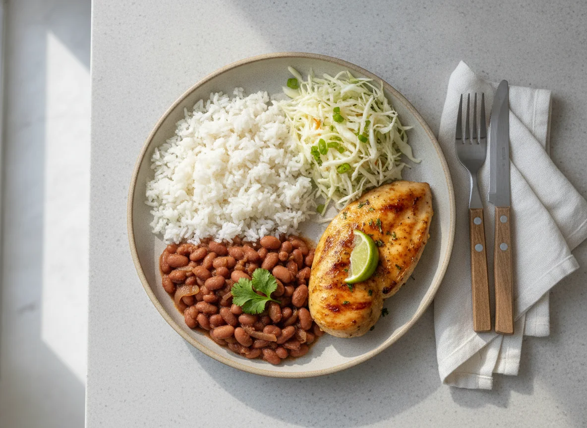 Arroz, feijão, frango grelhado e salada de repolho photo