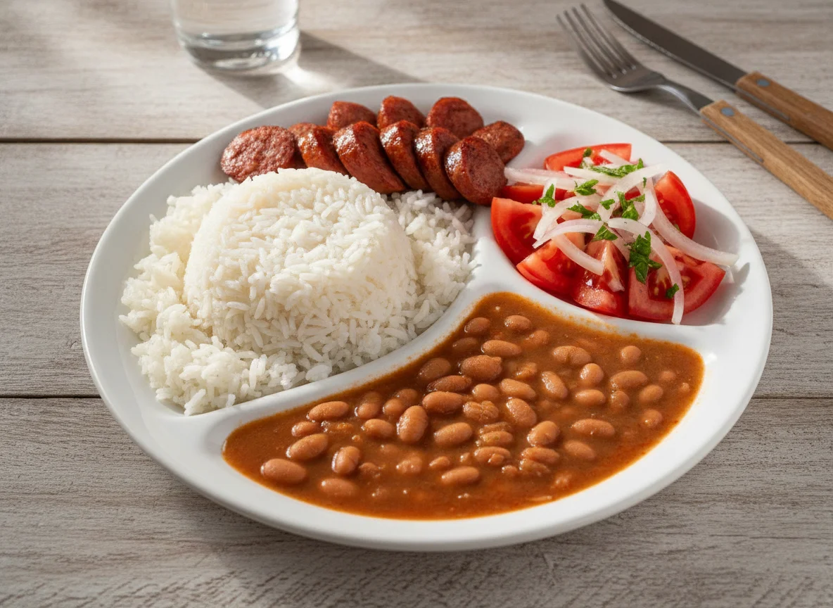 Arroz, feijão, linguiça e salada de tomate photo
