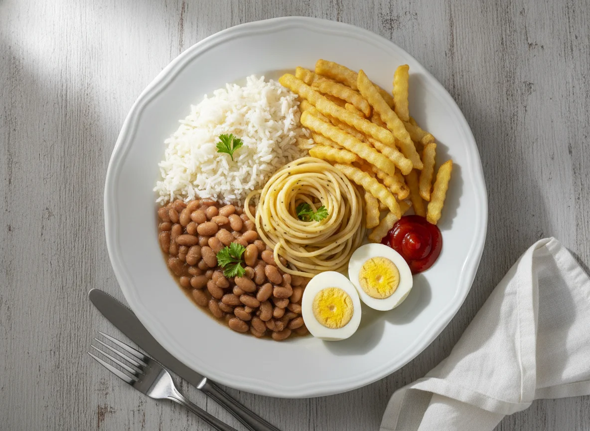 Arroz, feijão, macarrão, batata frita e ovos cozidos photo