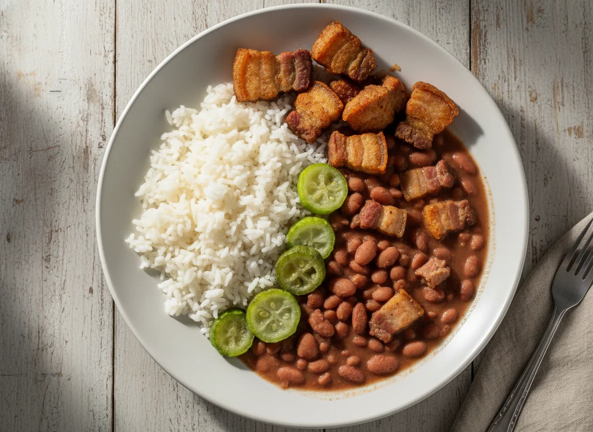 Arroz, feijão, maxixe e carne photo