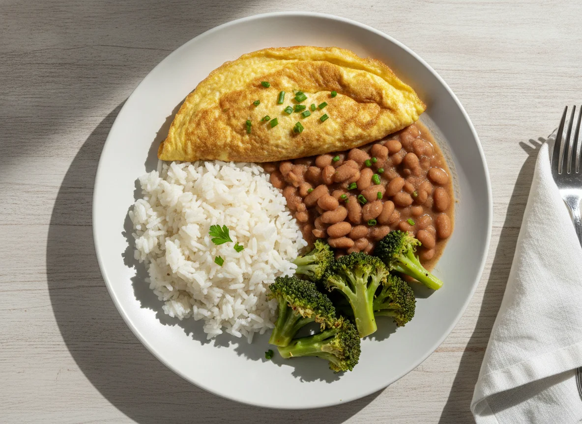Arroz, feijão, omelete e brócolis photo