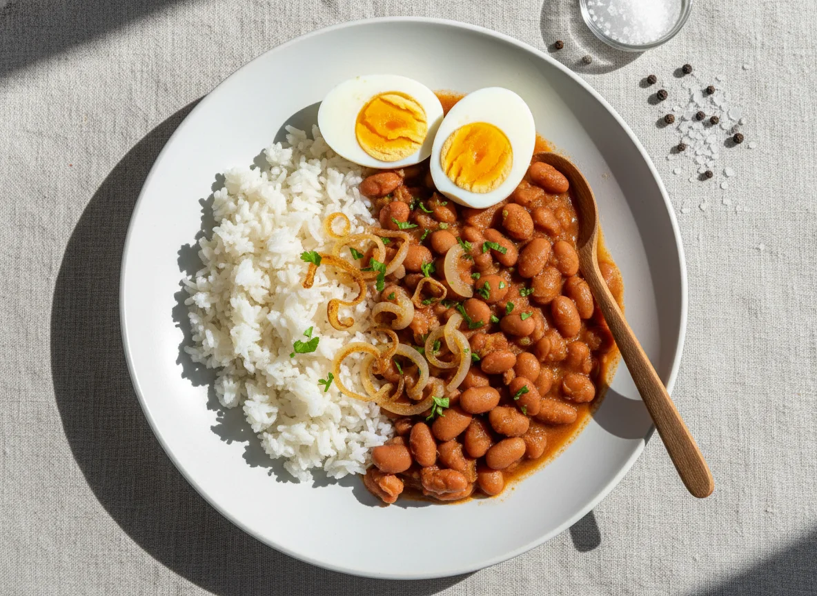 Arroz, feijão, ovo cozido e cebola photo
