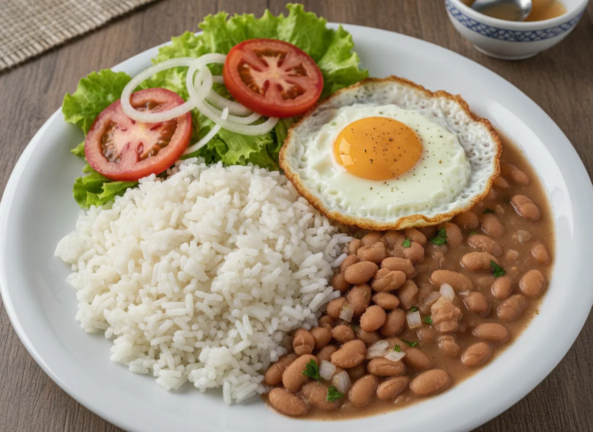 Arroz, feijão, ovo frito e salada photo