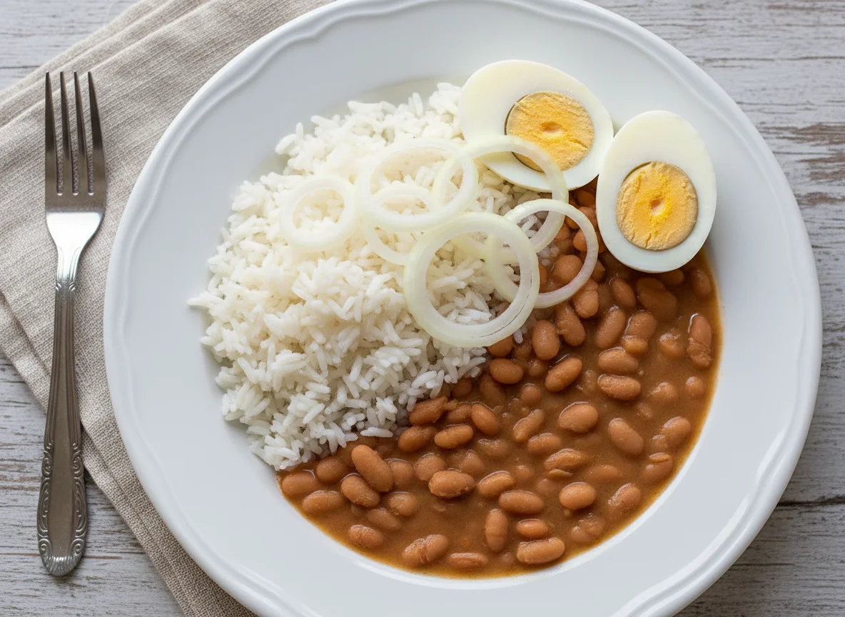 Arroz, feijão, ovos cozidos e cebola photo