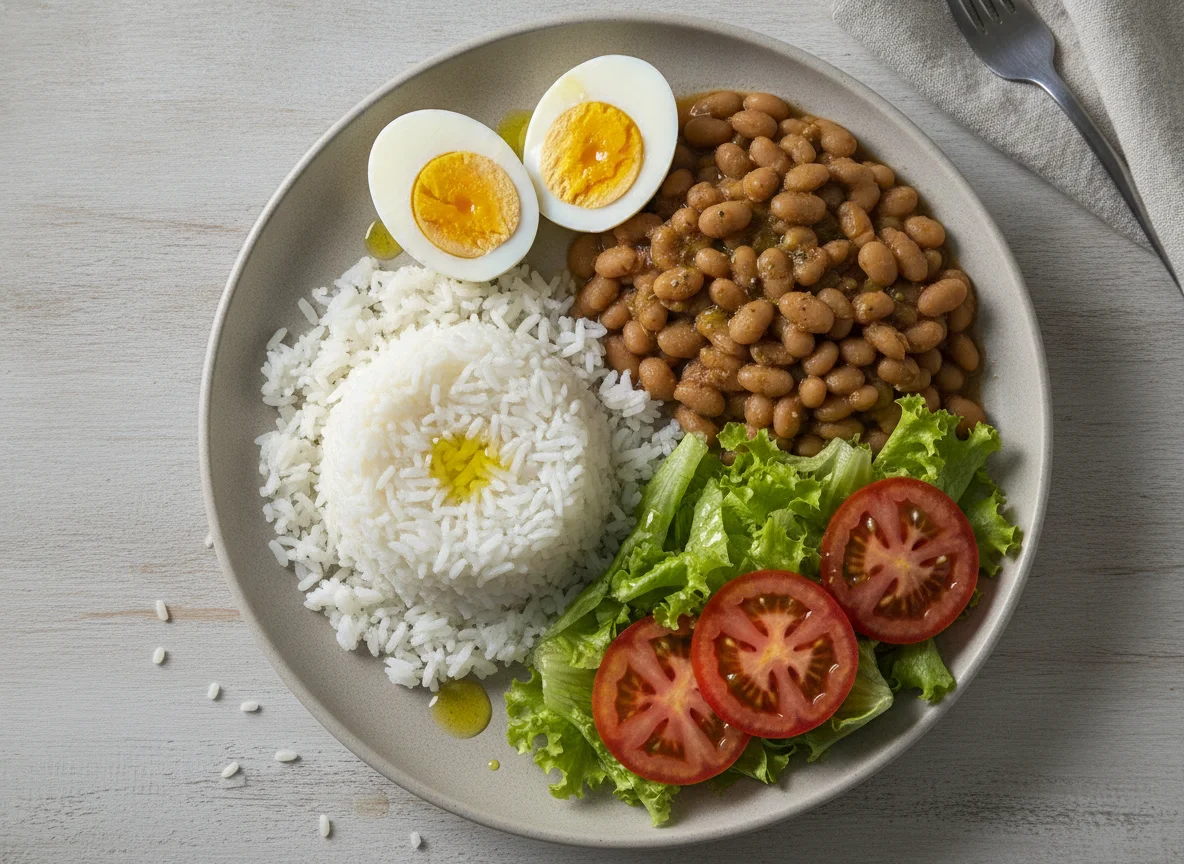 Arroz, feijão, ovos cozidos e salada photo