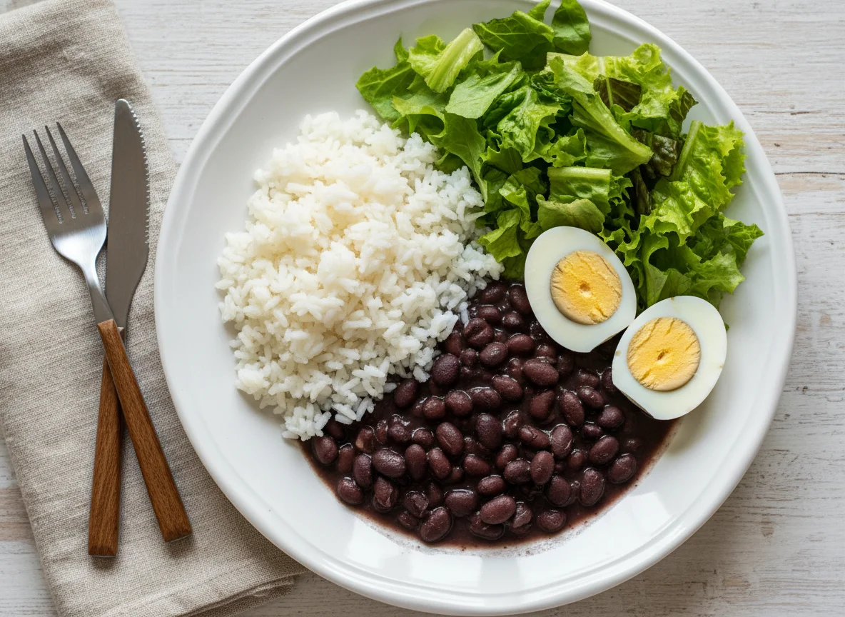 Arroz, feijão, ovos cozidos e salada de alface photo