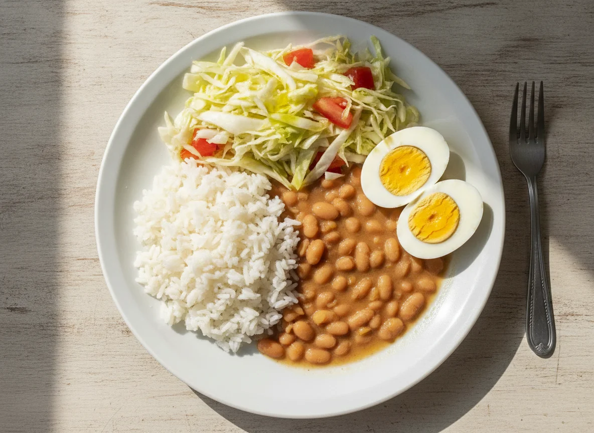 Arroz, feijão, ovos cozidos e salada de repolho photo