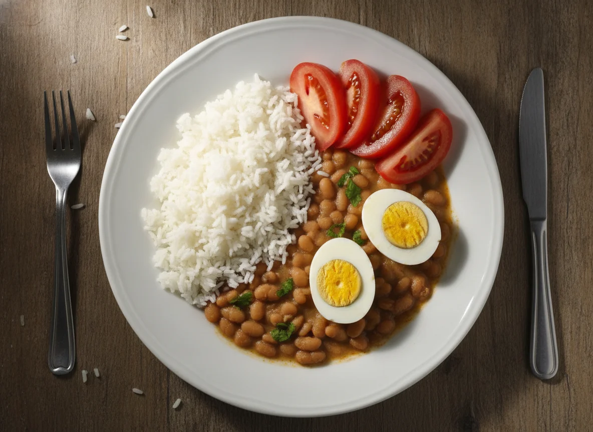 Arroz, feijão, ovos cozidos e tomate photo
