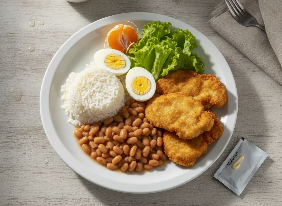 Arroz, feijão, ovos cozidos, frango empanado, salada e mexerica photo