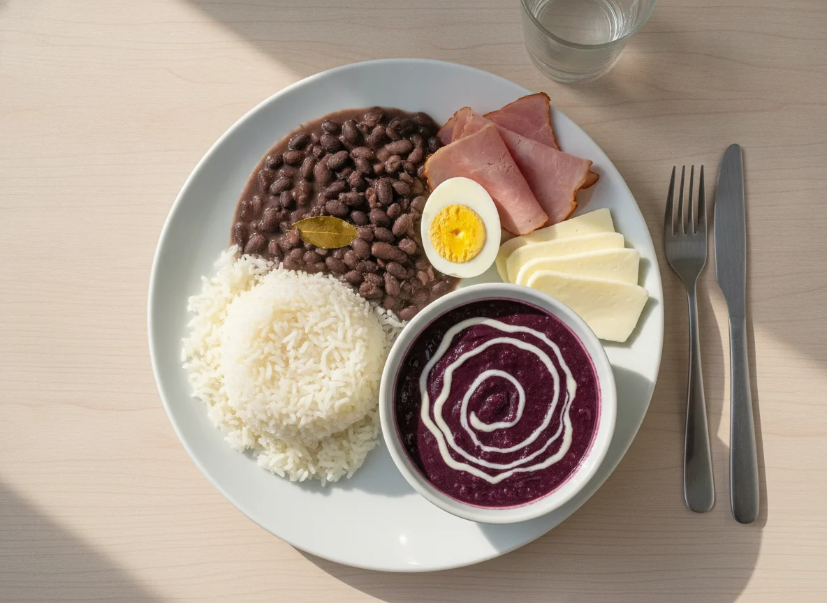 Arroz, feijão, ovos cozidos, presunto, queijo e açaí photo