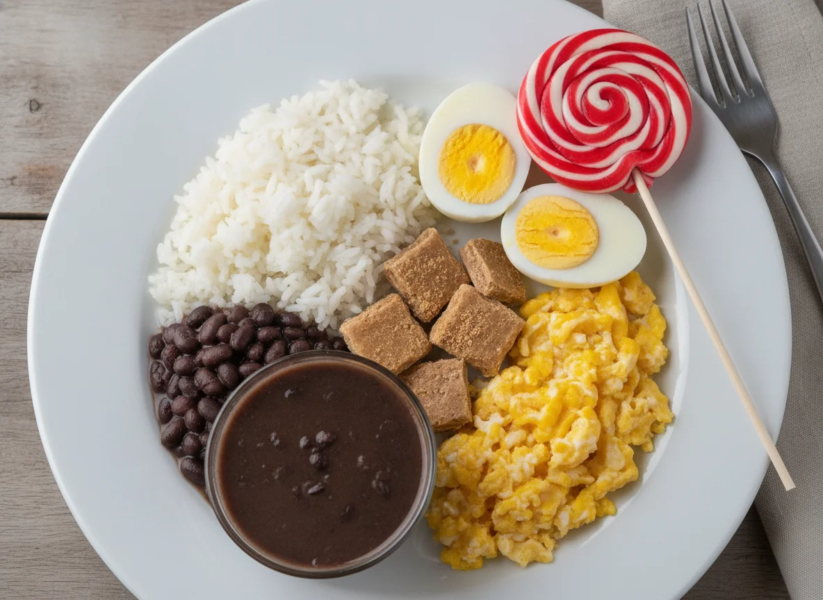 Arroz, feijão, ovos e doces photo