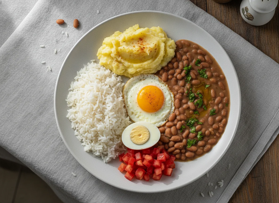 Arroz, feijão, ovos e purê de batata photo