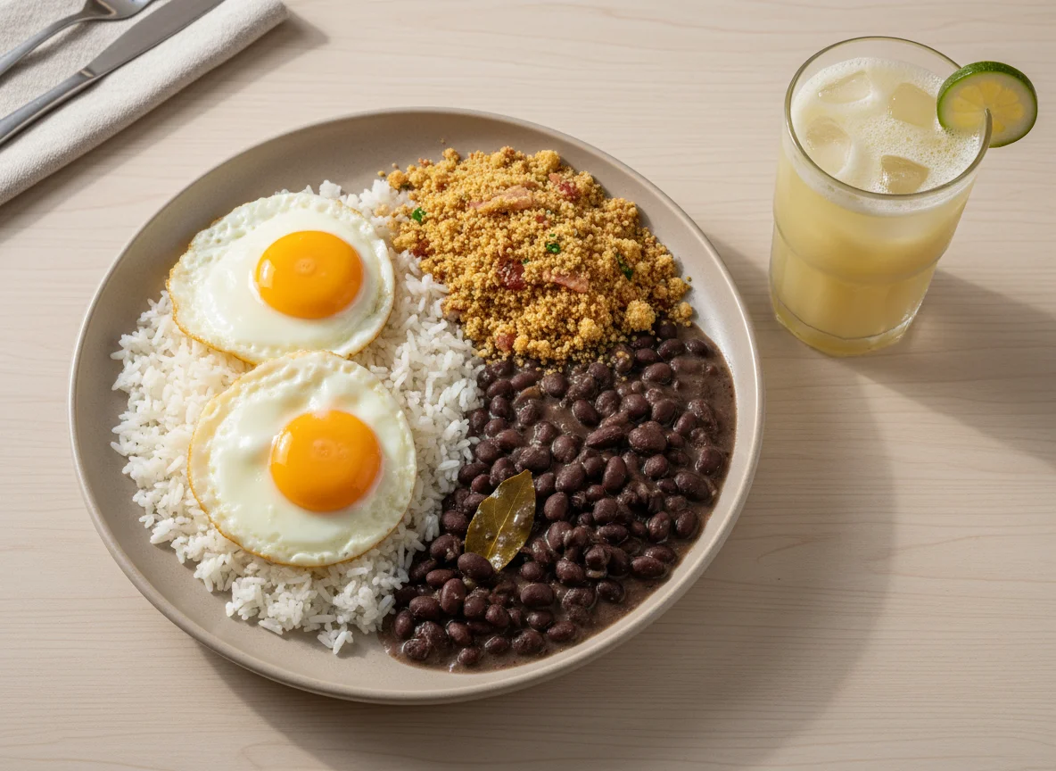 Arroz, feijão, ovos fritos e farofa com suco de Murici photo