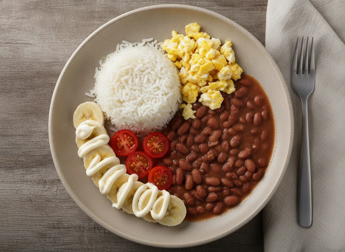 Arroz, feijão, ovos mexidos, banana com maionese e tomate photo