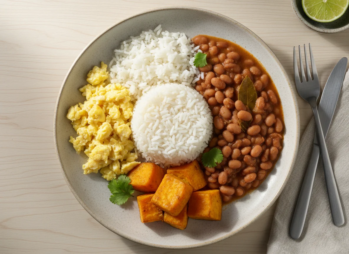 Arroz, feijão, ovos mexidos e batata doce photo