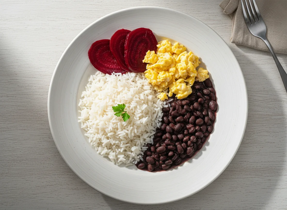 Arroz, feijão, ovos mexidos e beterraba photo