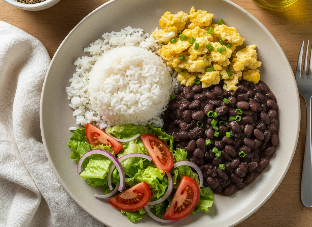 Arroz, feijão, ovos mexidos e salada photo