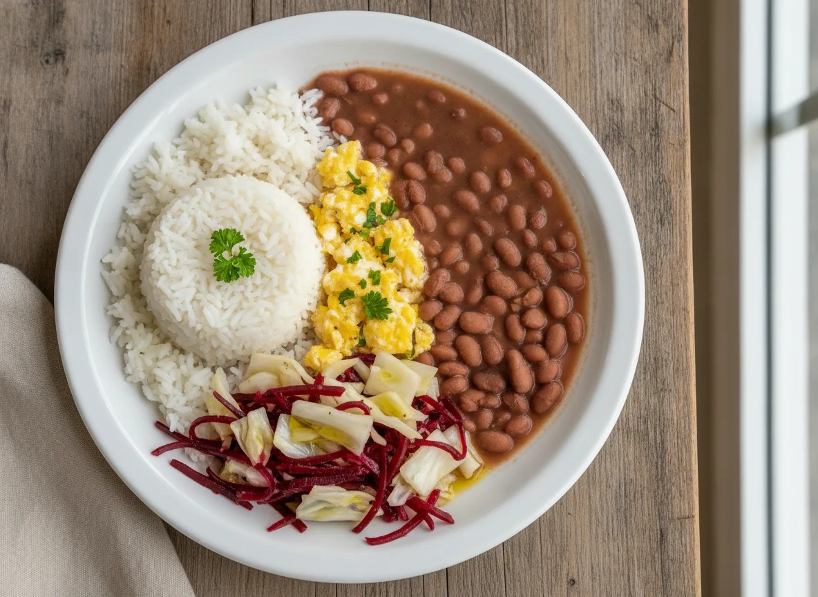 Arroz, feijão, ovos mexidos e salada de beterraba com repolho photo