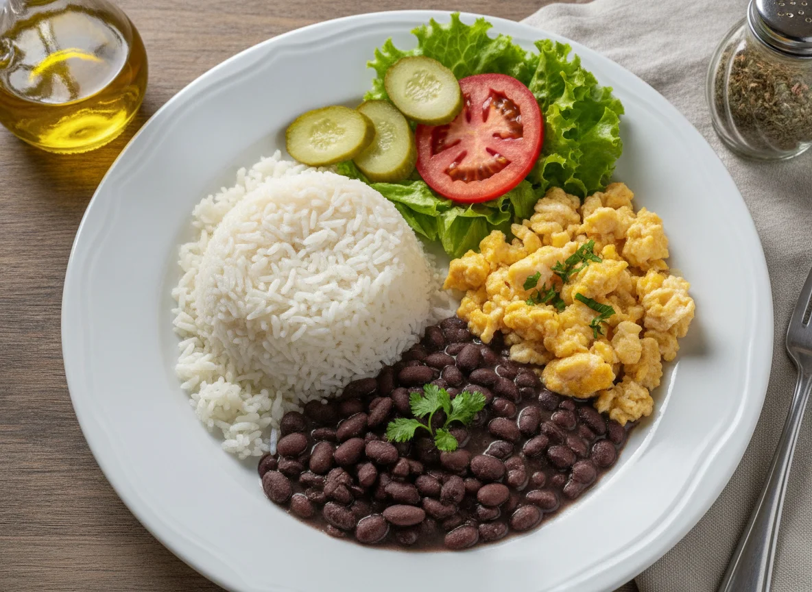Arroz, feijão, ovos mexidos, salada e picles photo