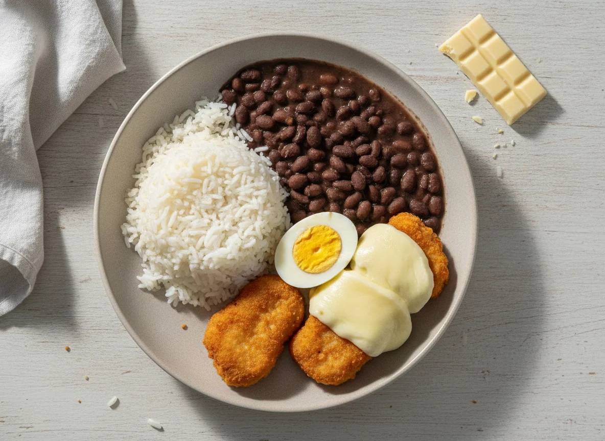 Arroz, feijão, ovos, nuggets e queijo photo