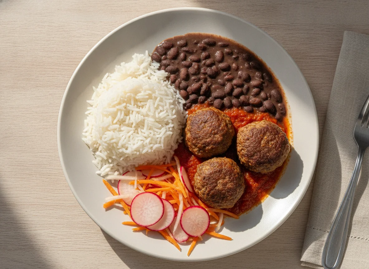 Arroz, feijão preto, almôndegas e salada de cenoura com rabanete photo