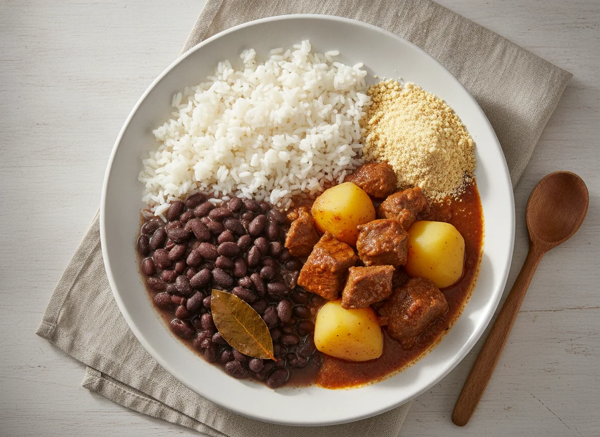 Arroz, feijão preto, carne cozida com batatas e farinha photo