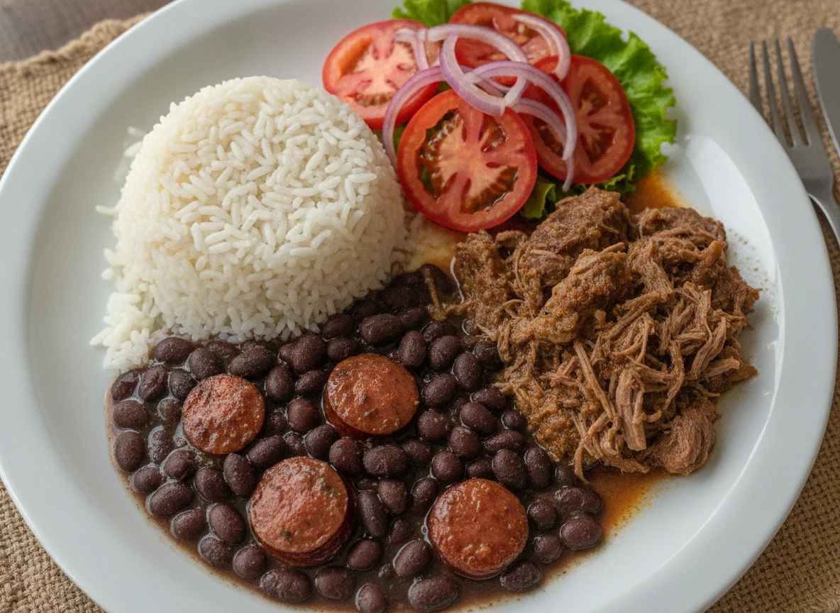Arroz, feijão preto, carne cozida e salada de tomate photo
