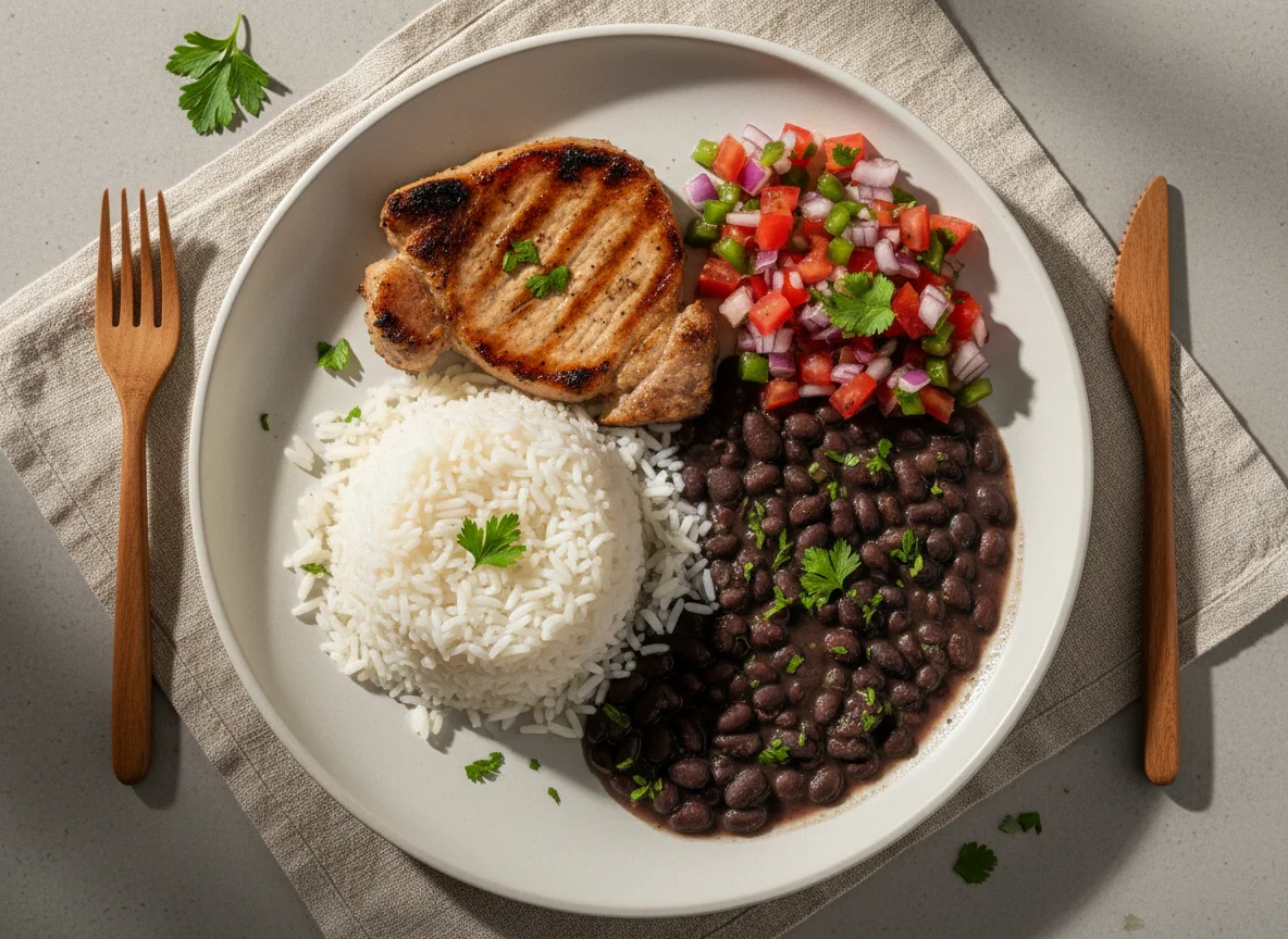 Arroz, Feijão Preto, Carne e Vinagrete photo