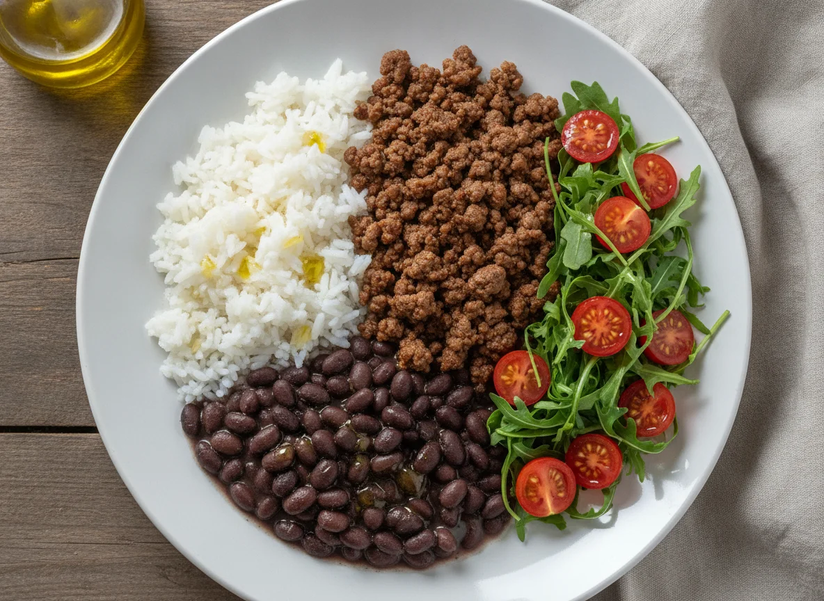 Arroz, feijão preto, carne moída e salada de tomate com rúcula photo