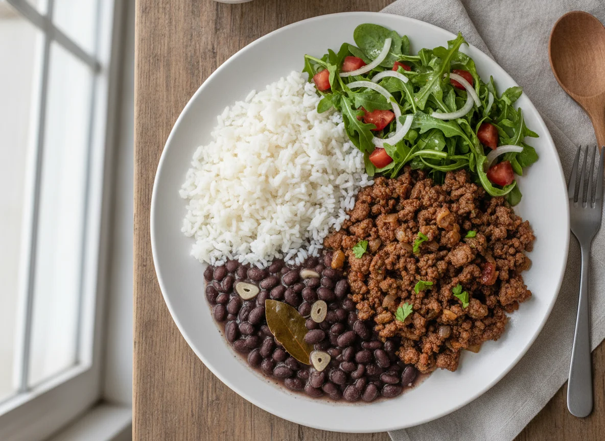 Arroz, feijão preto, carne moída e salada photo