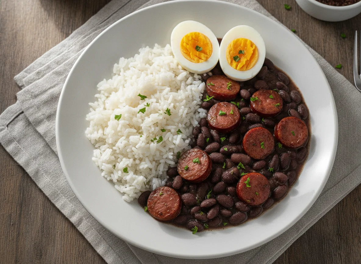 Arroz, feijão preto com linguiça e ovos cozidos photo