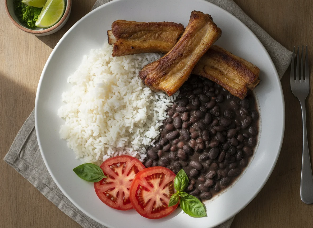 Arroz, feijão preto, costelinha de porco e tomate photo