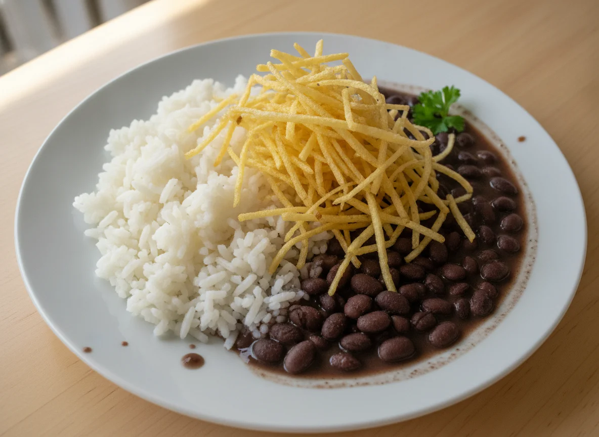 Arroz, feijão preto e batata palha photo