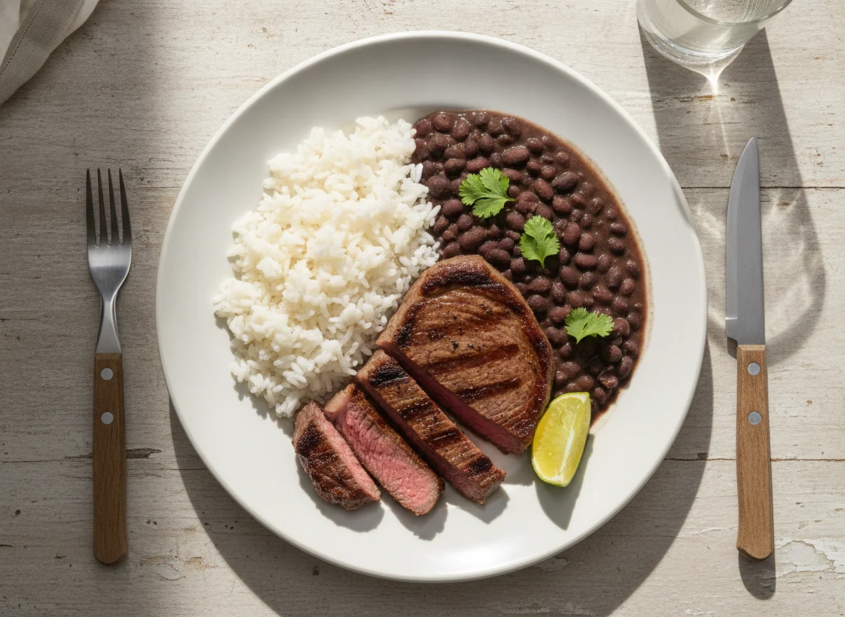 Arroz, feijão preto e bife de carne bovina photo