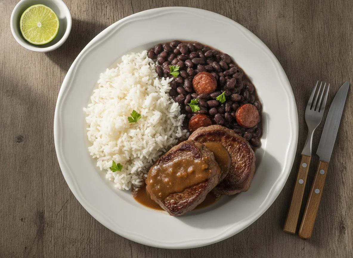 Arroz, feijão preto e bifes de carne bovina photo