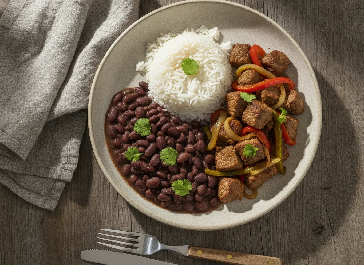 Arroz, feijão preto e carne acebolada photo