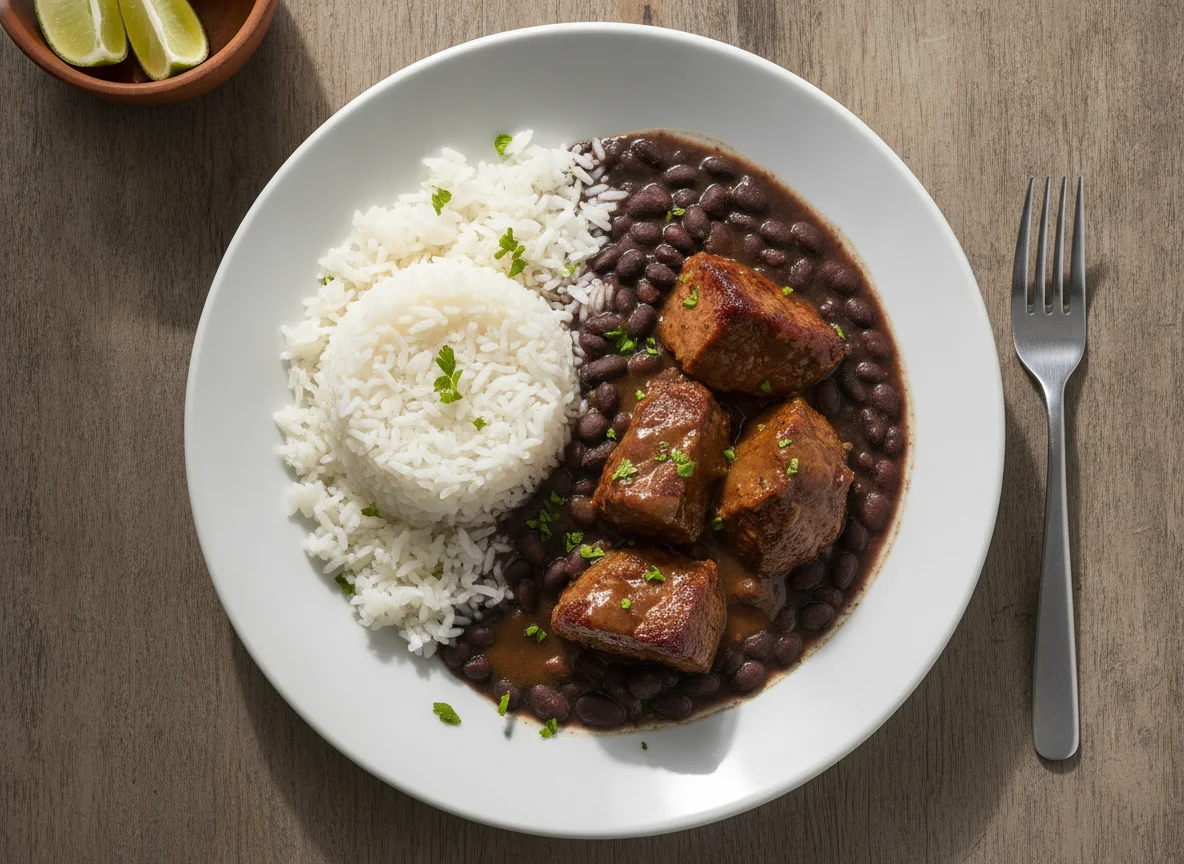 Arroz, feijão preto e carne assada photo