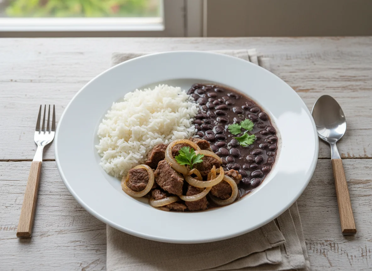 Arroz, Feijão Preto e Carne com Cebola photo