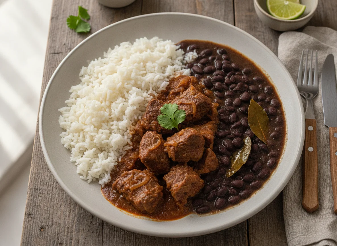 Arroz, feijão preto e carne cozida photo
