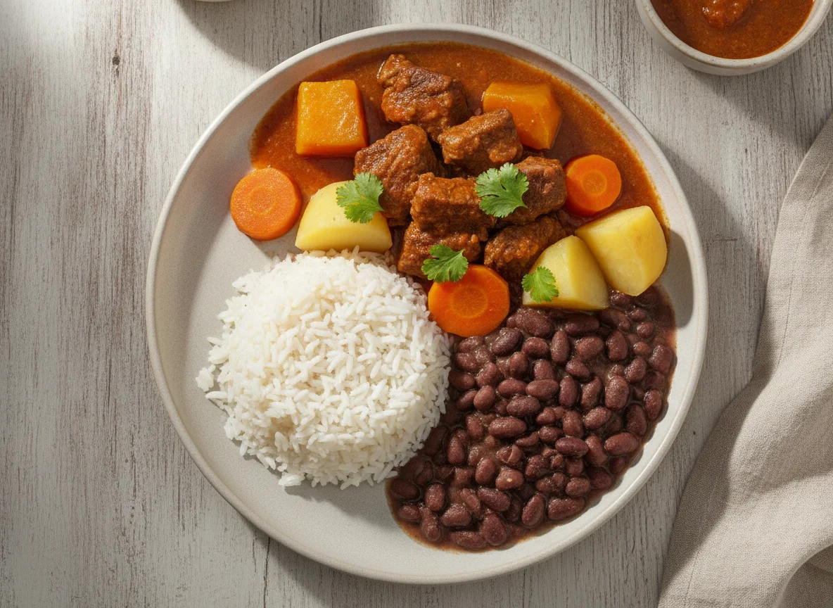 Arroz, feijão preto e carne cozida com legumes photo