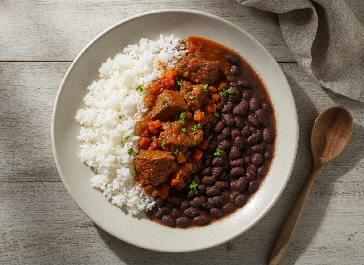 Arroz, feijão preto e carne de panela com molho photo