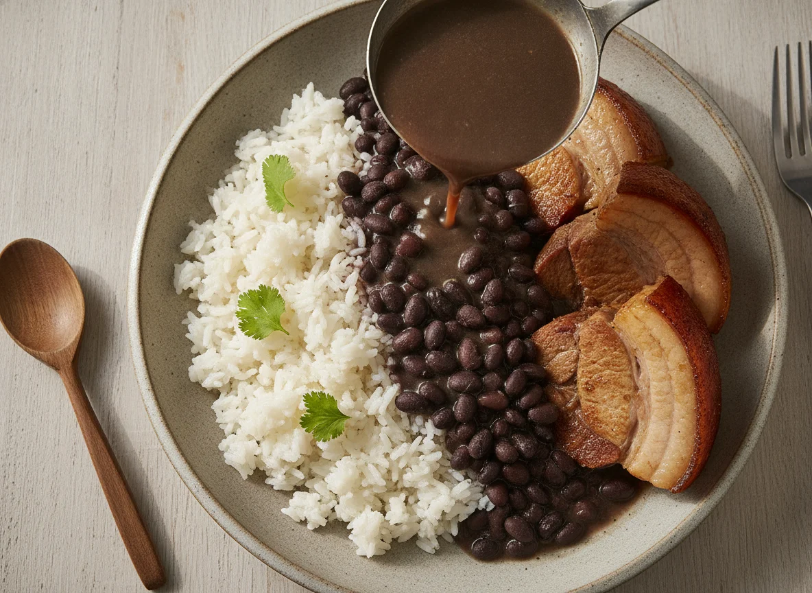 Arroz, feijão preto e carne de porco photo