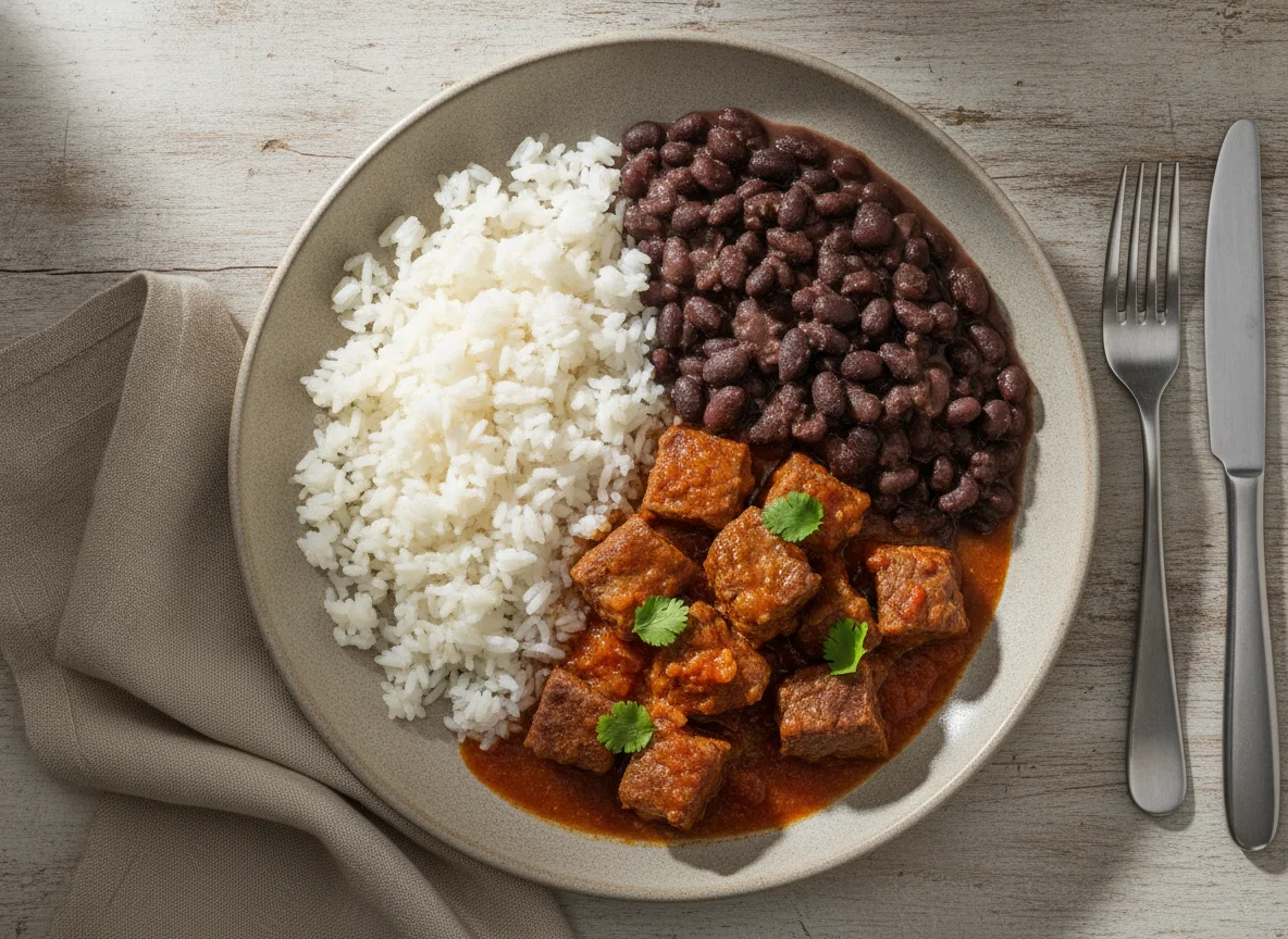 Arroz, feijão preto e carne ensopada photo