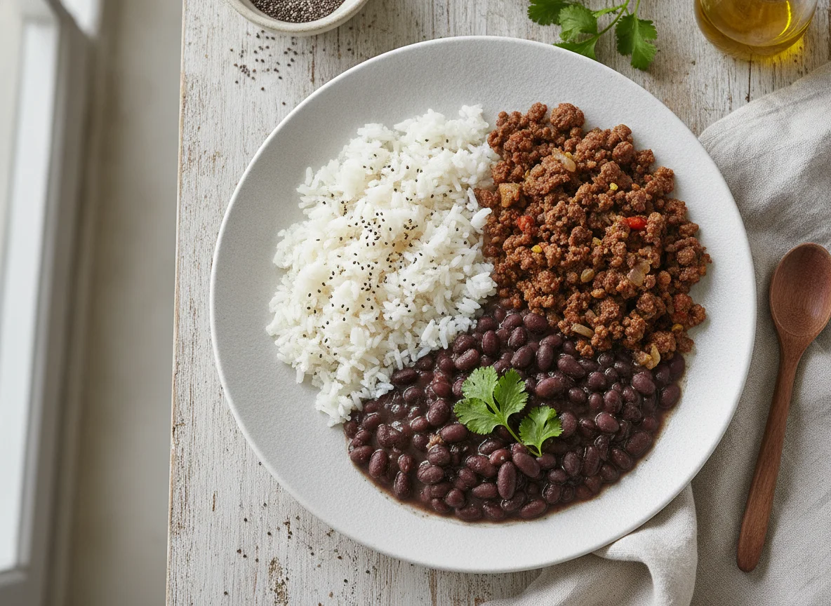 Arroz, feijão preto e carne moída photo