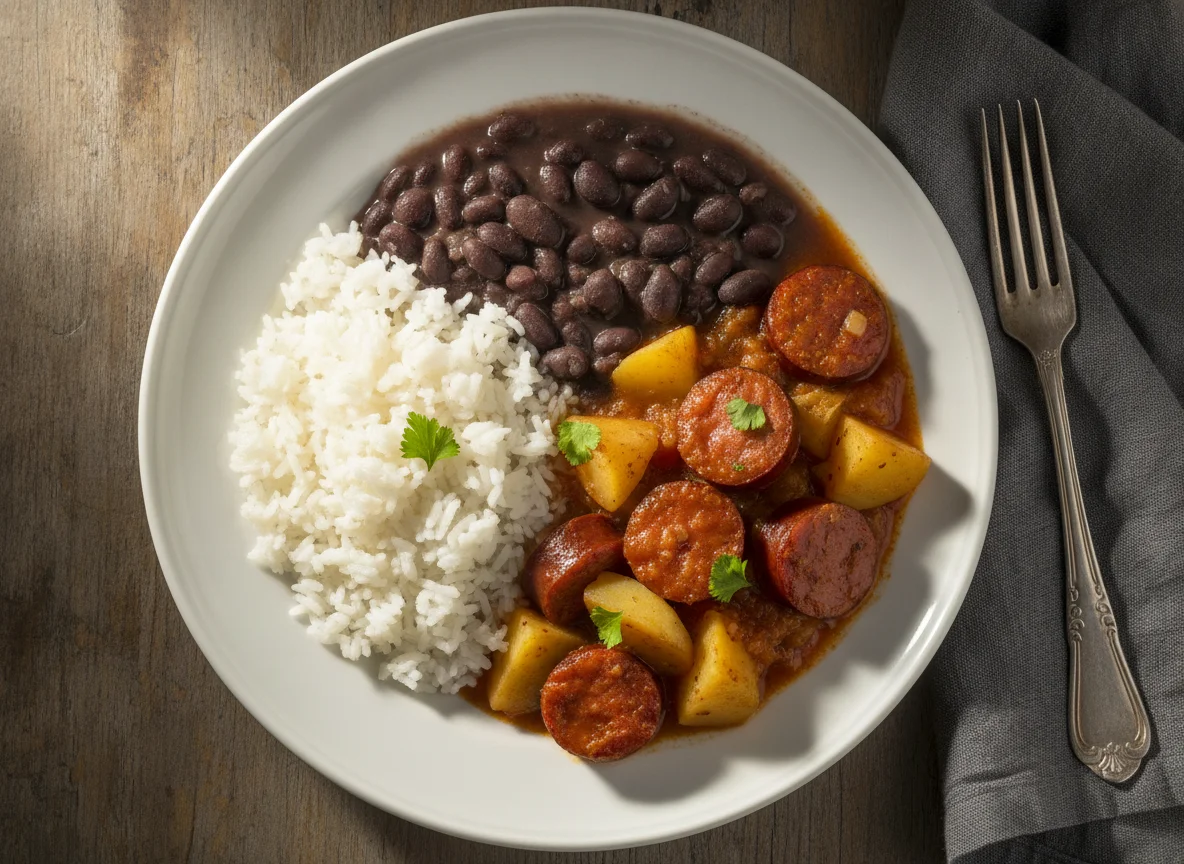 Arroz, feijão preto e ensopado de batata com linguiça photo