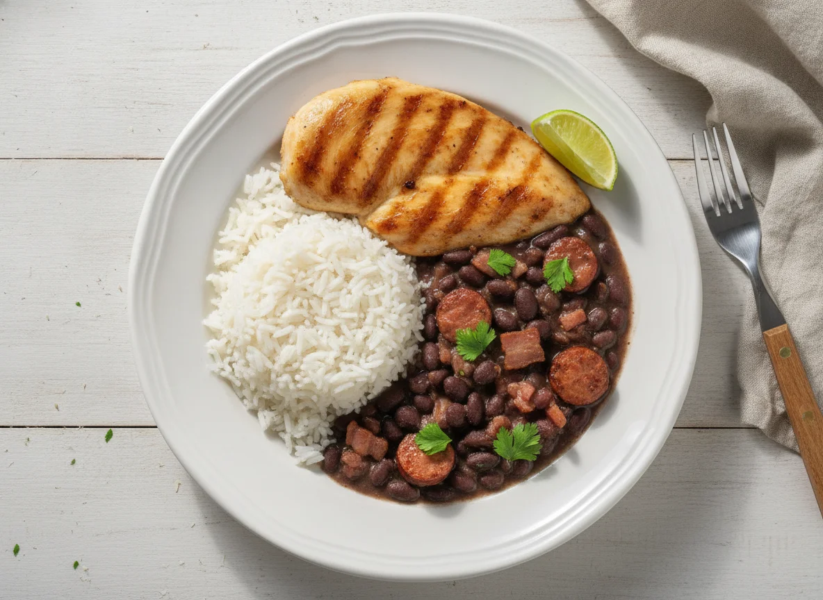 Arroz, feijão preto e filé de frango grelhado photo