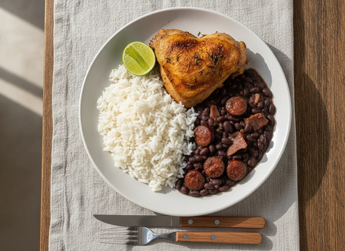 Arroz, feijão preto e frango assado photo