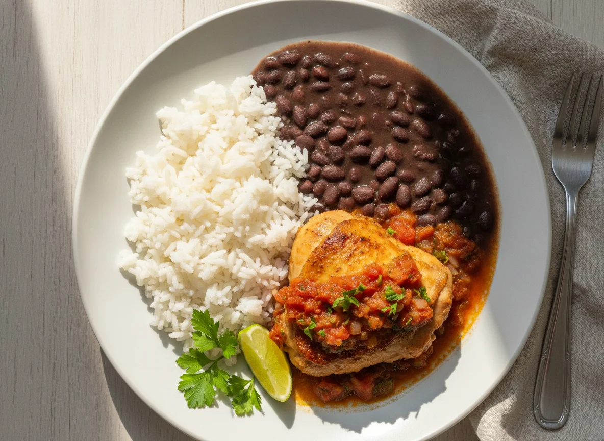 Arroz, feijão preto e frango cozido photo